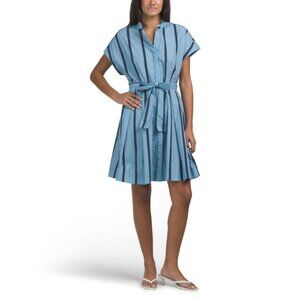 NAVY BLEU Denim Stripe Winnie Cap Sleeve Mini Dress